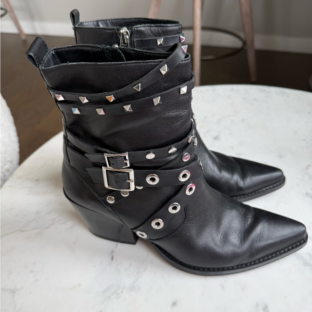 Zara Black Leather Studded Pointed Ankle Boots